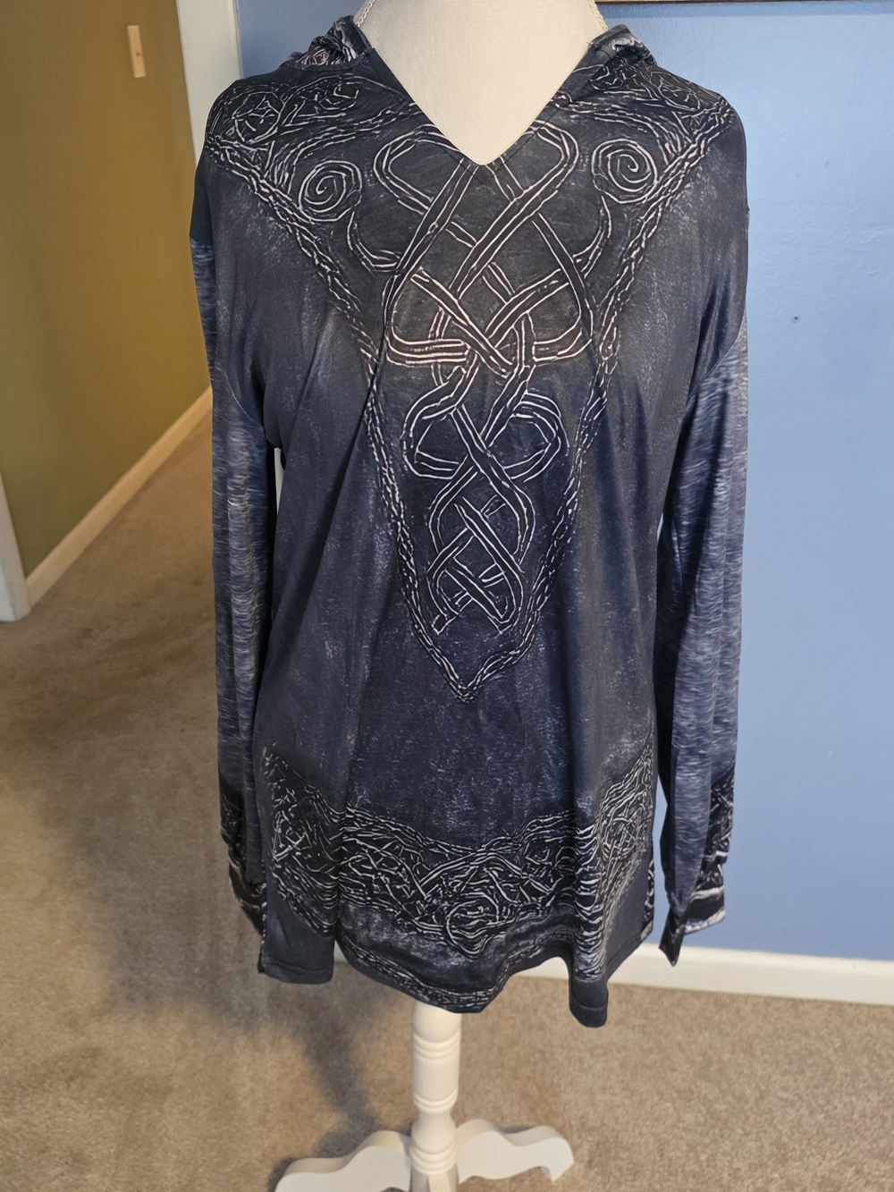 Women's Navy Hooded Long-Sleeve Top with Celtic Print